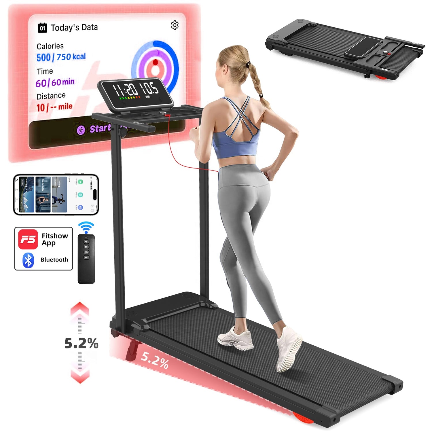 Folding Treadmill with 5.2% Incline & Bluetooth App Control