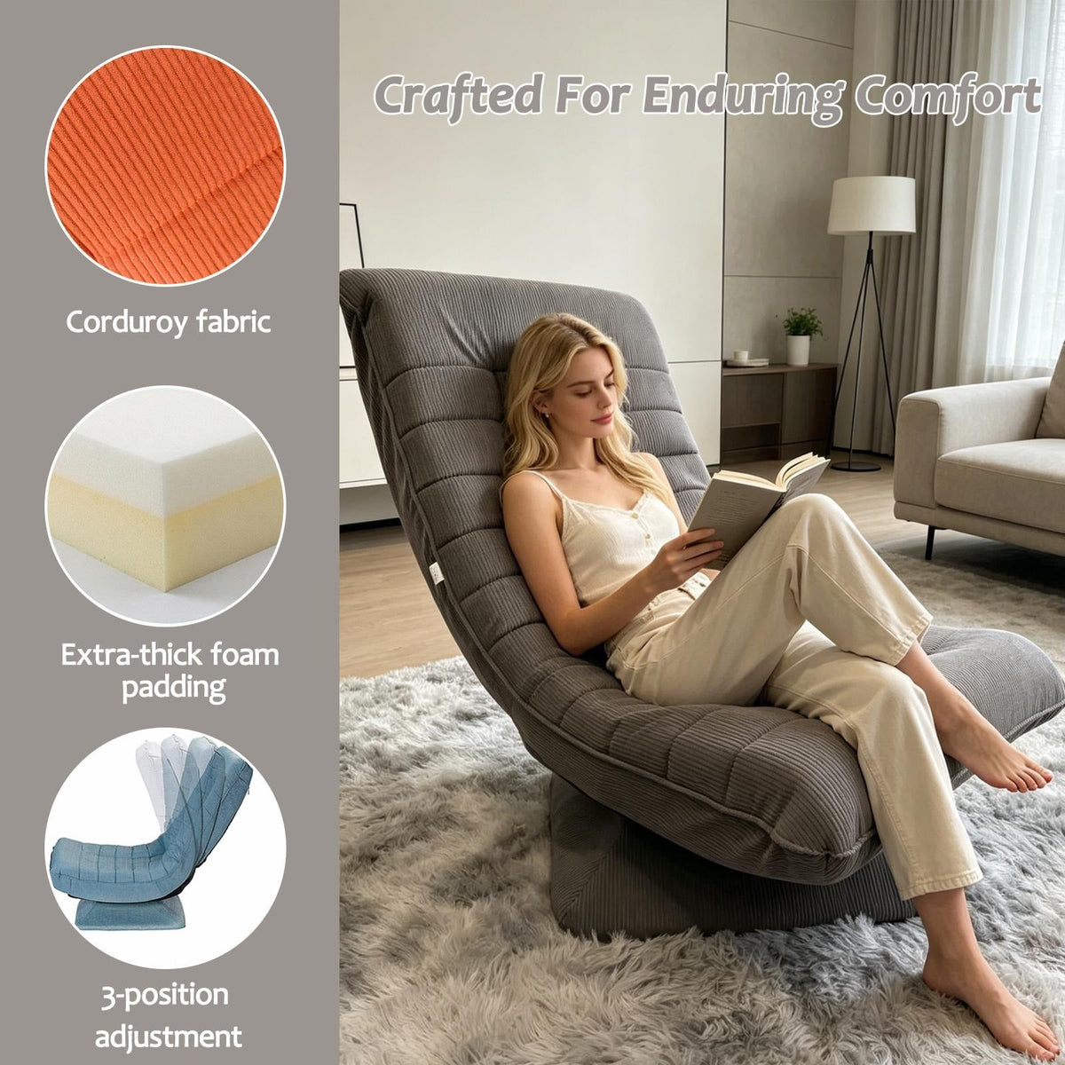 360° Rotating Floor Chair, Memory Foam Lounge Seat,Comfortable Backrest, Relaxation Chair for Gaming, Reading,Playing & Meditation - AGILITHOR