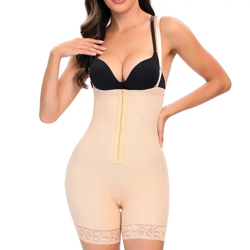 Women's Open Bust Full Body Shaper with Hook Closure & Lace Trim