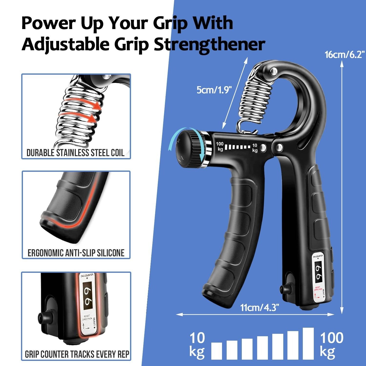 Adjustable Grip Strengthener with Digital Counter (10-100kg) - AGILITHOR