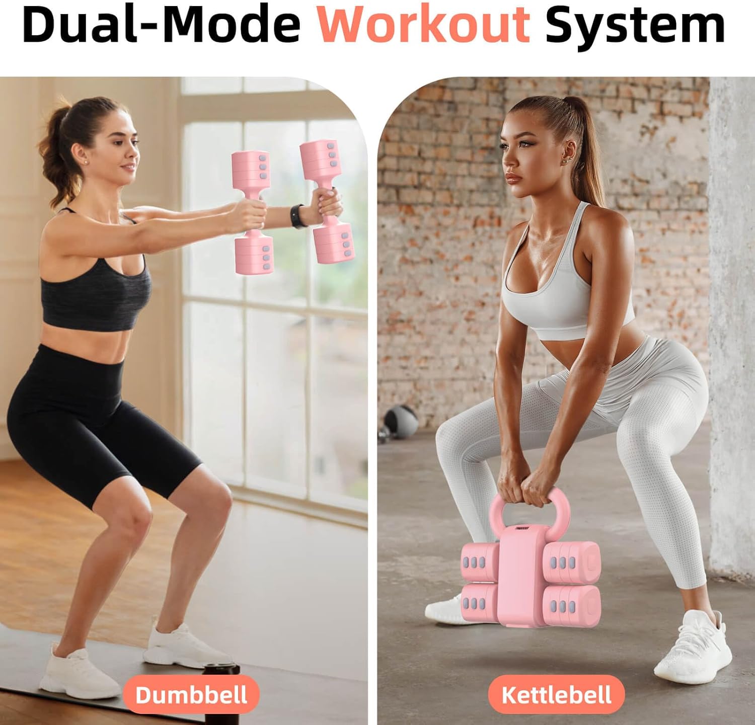 Woman using the AGILITHOR 2-in-1 dumbbell and kettlebell during a home strength training workout.