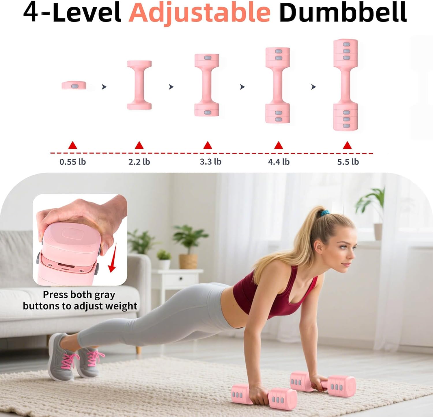 Woman using the AGILITHOR 2-in-1 dumbbell and kettlebell during a home strength training workout.