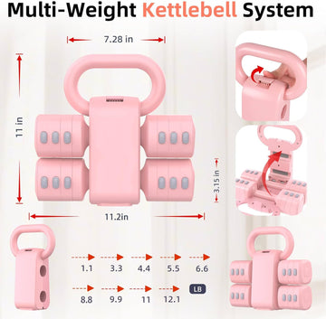 Close-up of the AGILITHOR 2-in-1 dumbbell and kettlebell showing the adjustable weight locking system.