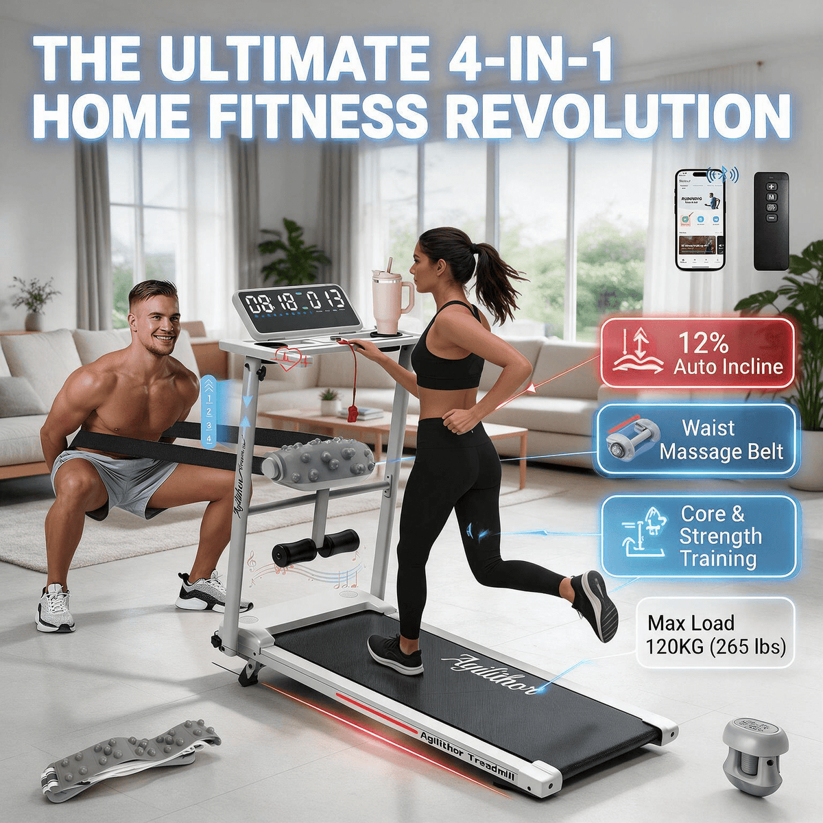 AGILITHOR 4-in-1 Foldable Incline Treadmill with Waist Massage Belt - AGILITHOR
