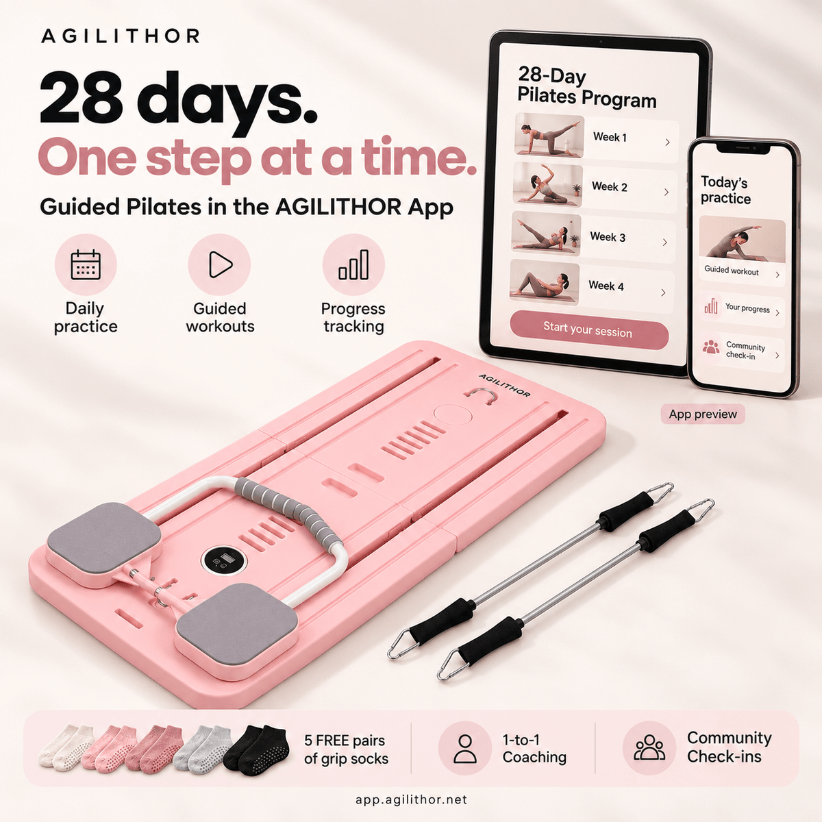 Agilithor 4-in-1 Foldable Pilates Board – Auto Rebound Core Trainer with Resistance Bands & Timer - AGILITHOR