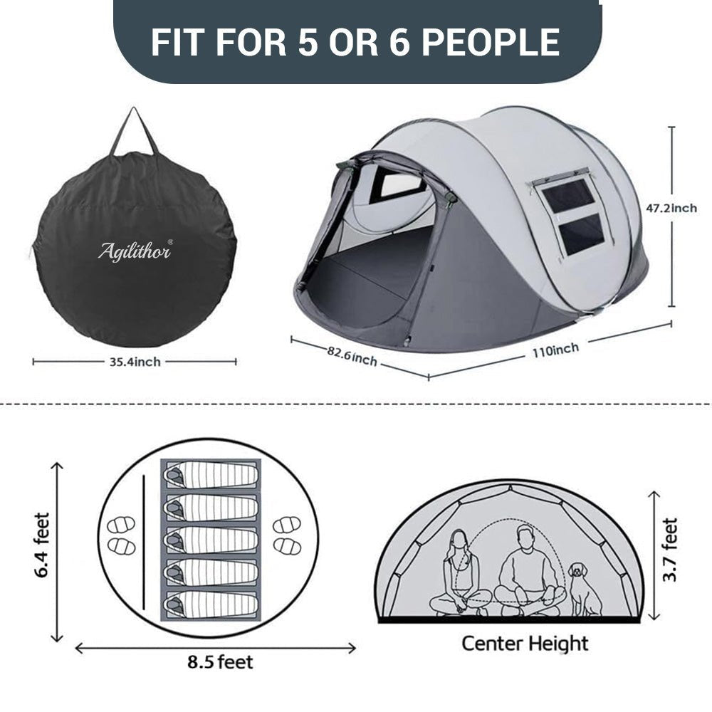 Agilithor Large Pop-Up Camping Tent with Awning — 5-Person Instant Setup Waterproof - AGILITHOR