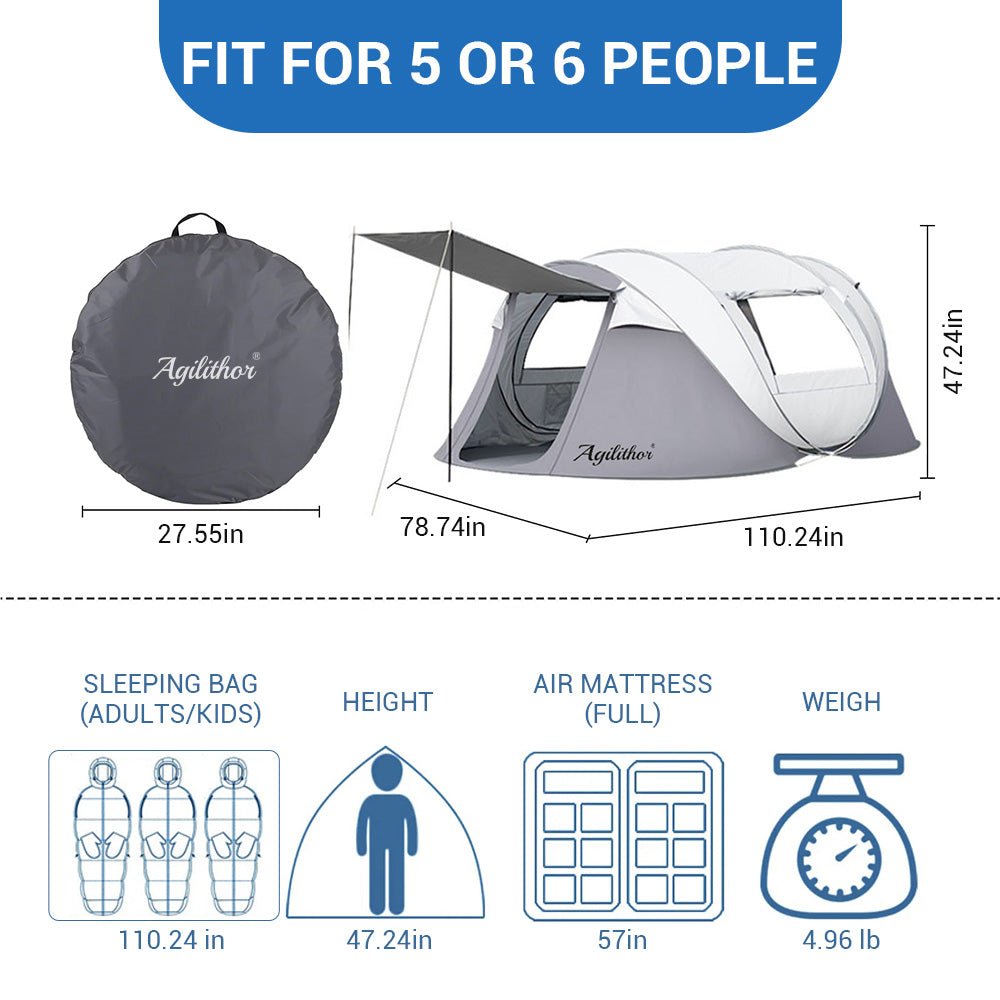 Large Pop-Up Camping Tent for 4-6 Person — Instant Setup Double-Layer Waterproof - AGILITHOR